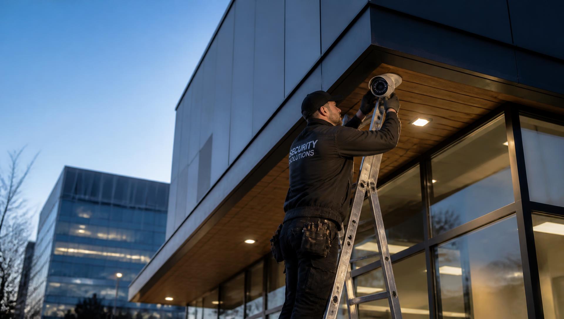 An OSS Security engineer installing a CCTV camera on a commercial building at dusk
